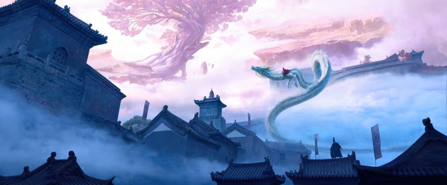 青龙盘旋古建筑群云雾缭绕奇幻风景插画绘画电脑壁纸
