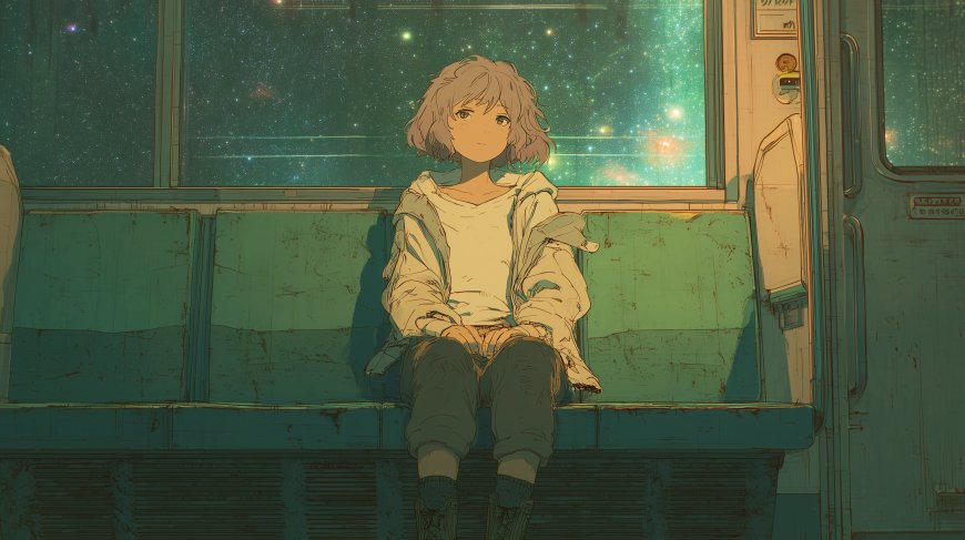 星空列车内短发少女静坐窗边治愈系动漫少女电脑壁纸
