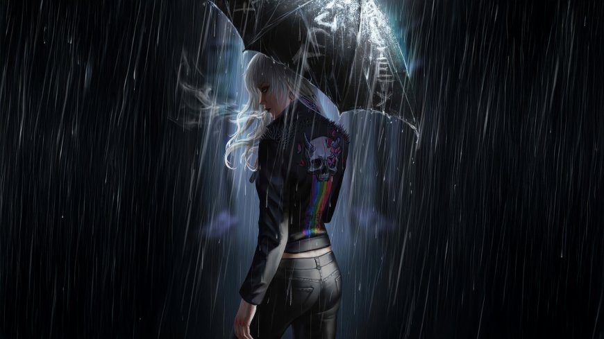 雨中白发少女撑黑伞骷髅彩虹夹克暗黑动漫少女电脑壁纸