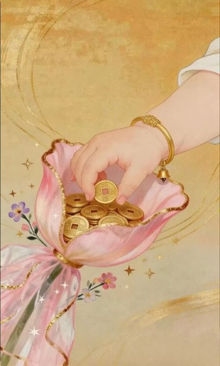 古风手绘手握铜钱花朵招财进宝创意手机壁纸