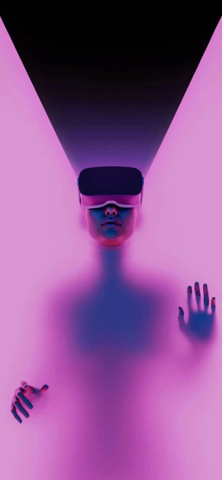 戴VR眼镜人影悬浮紫粉光影中科幻创意手机壁纸