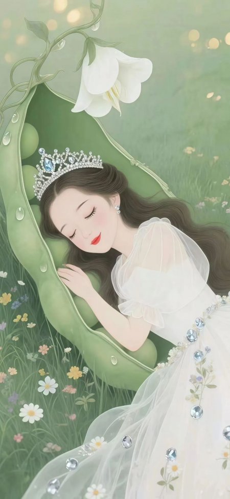 戴皇冠少女睡在豌豆荚中童话插画创意手机壁纸