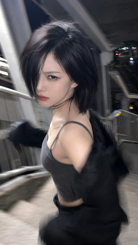 黑发少女侧身回眸穿灰色吊带背心暗黑风手机壁纸