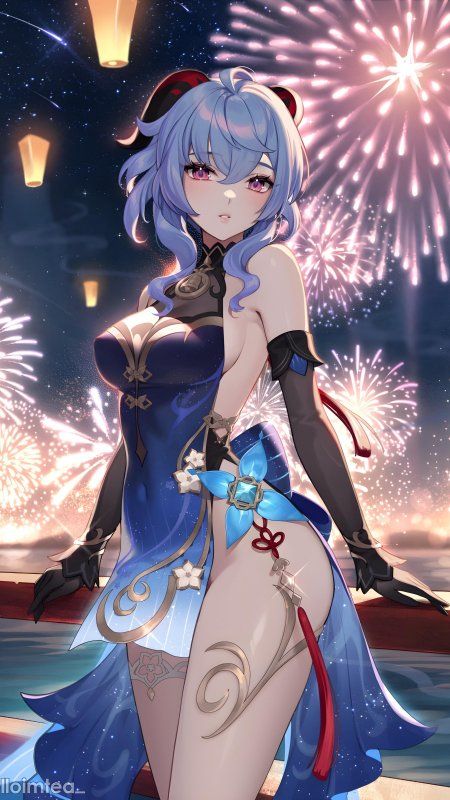 原神甘雨烟花夜空下蓝发少女优雅姿态动漫手机壁纸