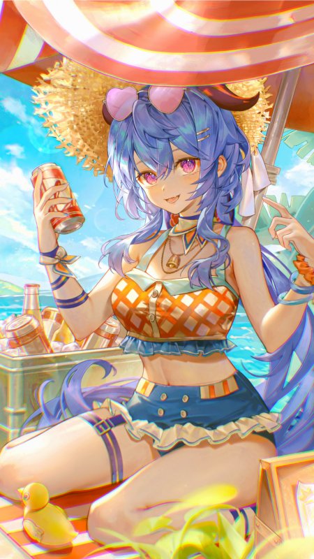 原神甘雨海滩持饮料戴草帽夏日少女动漫手机壁纸