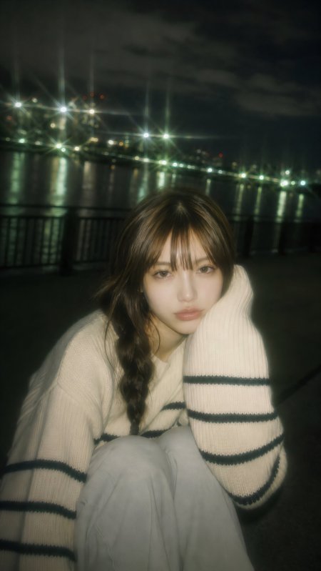 夜晚桥边灯光下梳辫子穿条纹毛衣美女夜景摄影手机壁纸