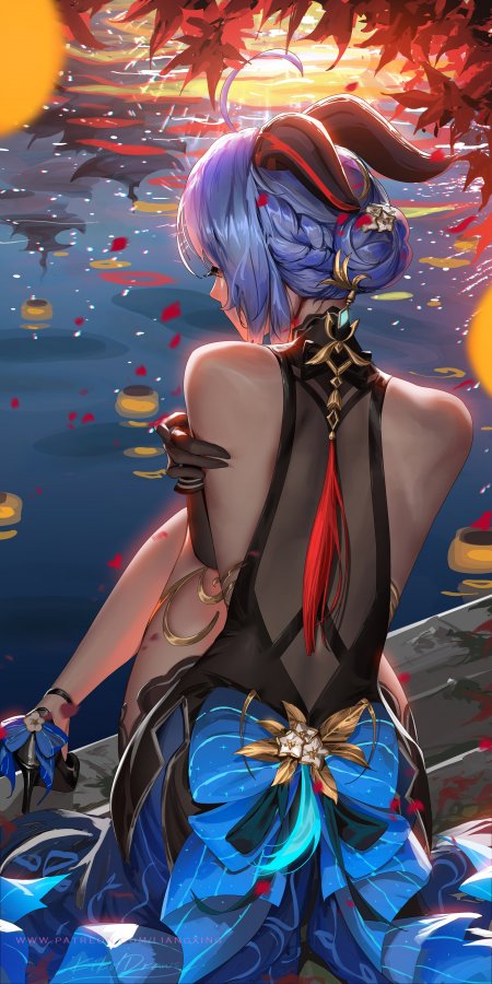 原神甘雨黑发露背装坐水边赏枫唯美动漫少女手机壁纸