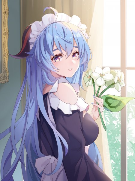原神甘雨女仆装持白花窗边微笑治愈系动漫少女手机壁纸