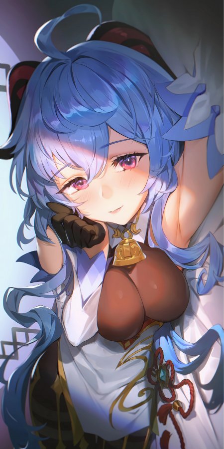 原神甘雨蓝发白裙托腮温柔姿态动漫少女手机壁纸