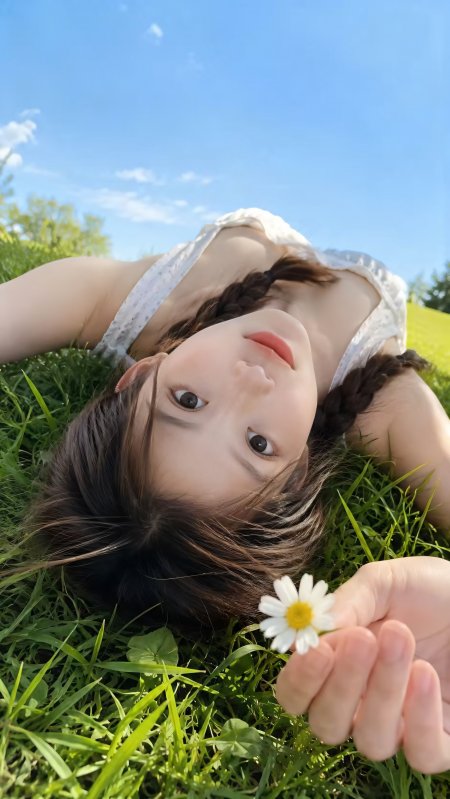 双麻花辫美女躺草地手持雏菊清新自然摄影手机壁纸