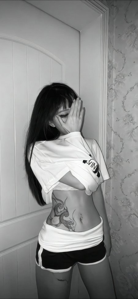 黑白风美女遮脸露腰纹身个性摄影手机壁纸