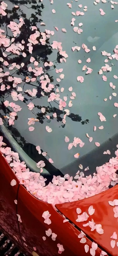 红色汽车挡风玻璃散落粉色樱花花瓣浪漫摄影手机壁纸