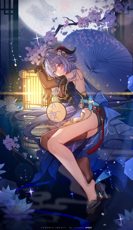 原神甘雨蓝紫旗袍撑油纸伞夜樱下优雅动漫少女手机壁纸
