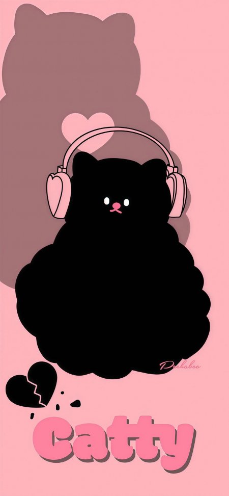 黑猫戴粉色耳机可爱插画创意手机壁纸