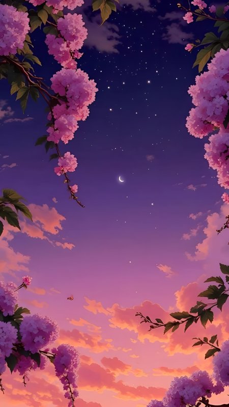 粉樱环绕月牙夜空渐变晚霞浪漫花景插画手机壁纸