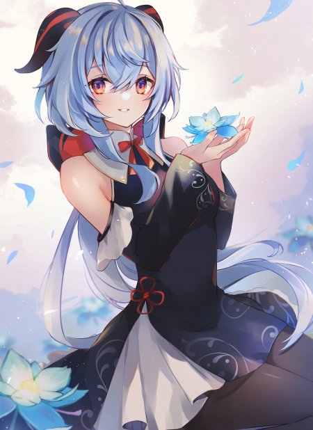 原神甘雨黑红和风裙捧蓝莲花温柔动漫少女手机壁纸