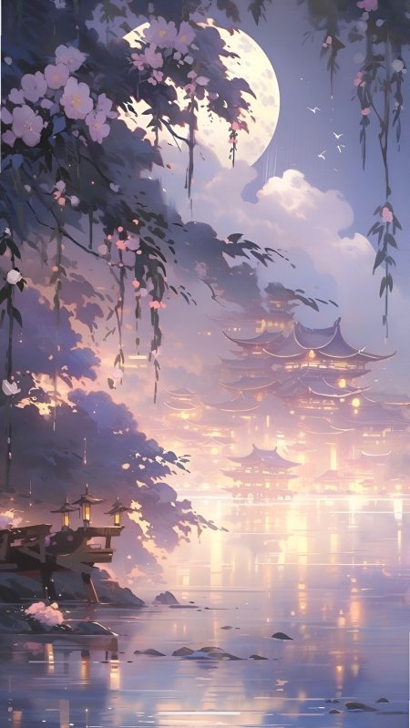 月夜樱花古寺水边倒影东方意境唯美风景插画手机壁纸