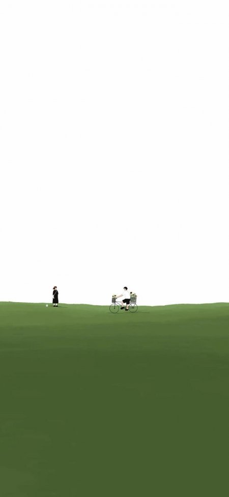 绿草地骑车少女与站立人物简约插画创意手机壁纸
