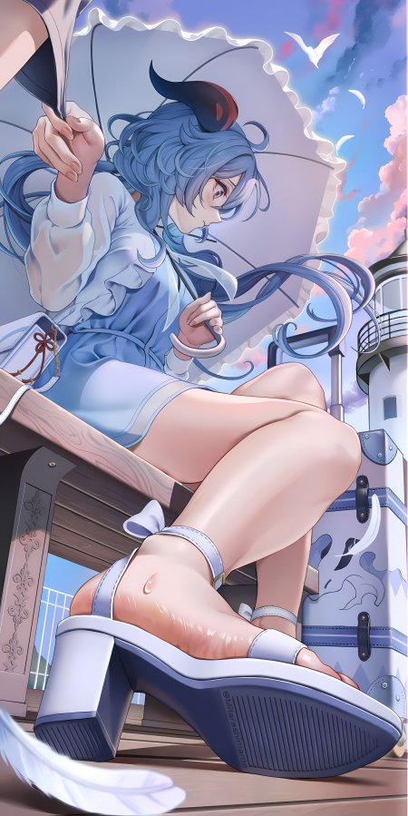 原神甘雨坐长椅撑阳伞灯塔背景优雅少女动漫手机壁纸