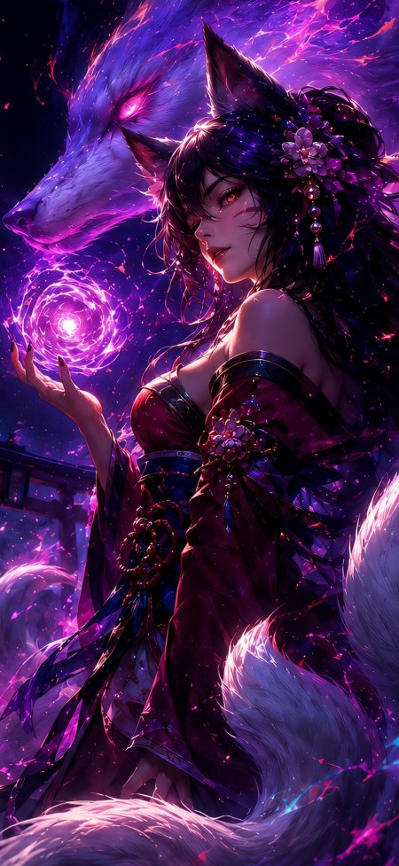狐耳少女操控紫色魔法球伴白狐奇幻风格动漫手机壁纸