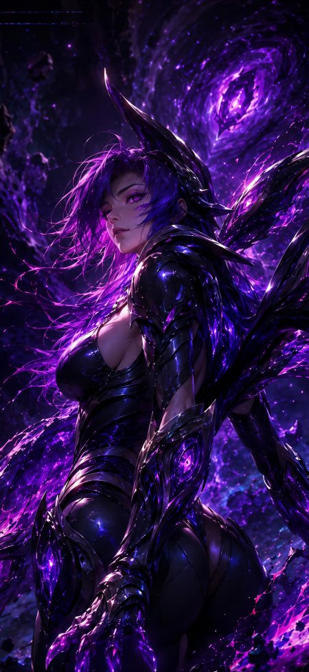 紫发女战士披黑色铠甲展紫色能量科幻战斗风动漫手机壁纸