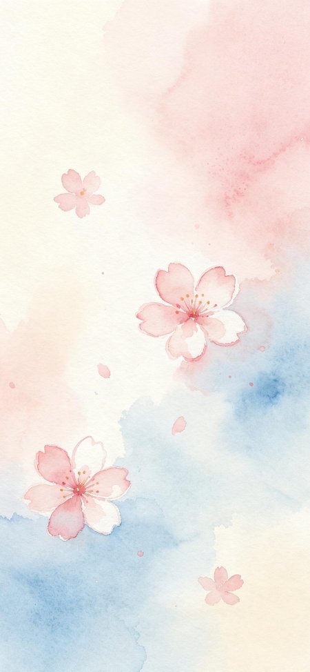 粉色水彩樱花花瓣散落梦幻艺术手机壁纸