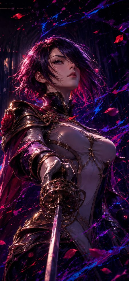 暗黑铠甲少女持剑玫瑰花瓣飘落奇幻动漫手机壁纸