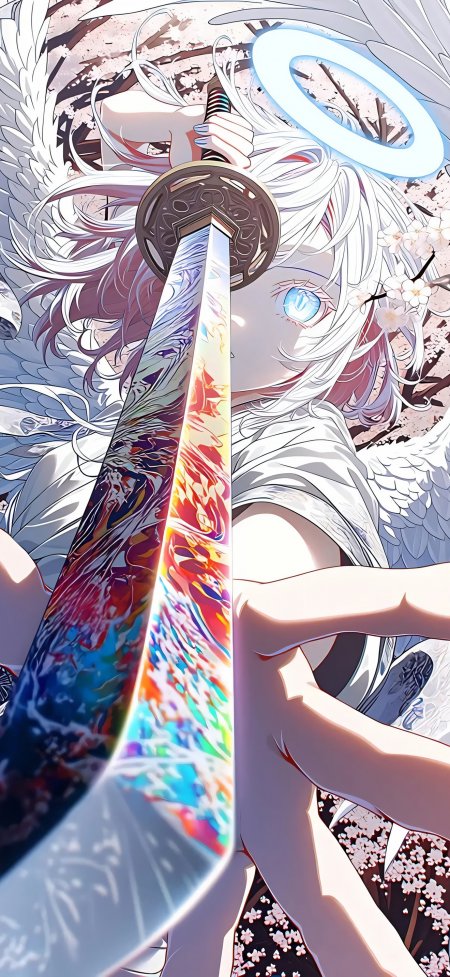 白发天使少女持彩刃武士刀樱花环绕神圣风格动漫手机壁纸