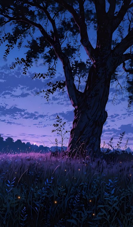 紫色夜空大树剪影萤火虫飞舞梦幻森林风景插画手机壁纸