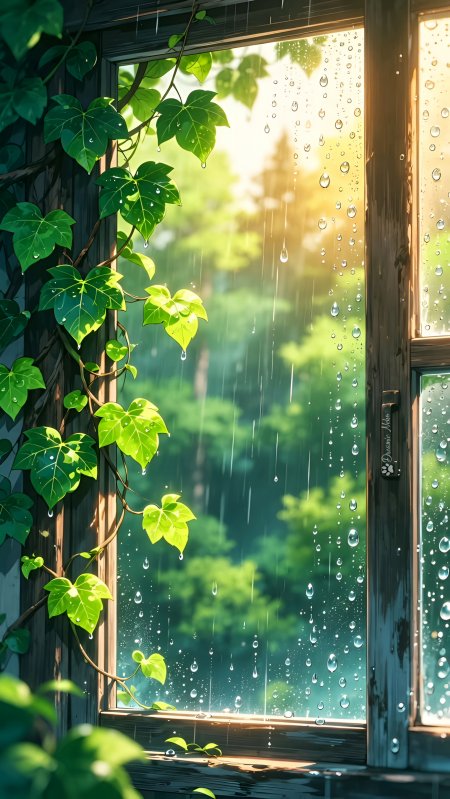 窗外绿植藤蔓雨滴晶莹阳光穿透森林动漫插画手机壁纸
