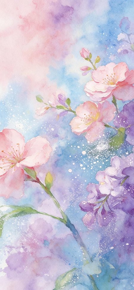 水彩樱花紫蓝渐变花卉艺术创意手机壁纸