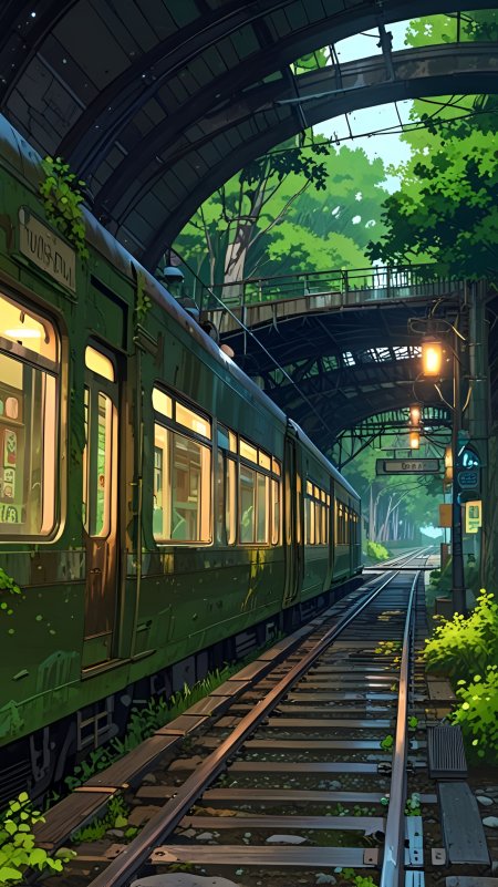 绿色复古火车停靠林间站台治愈系动漫风景插画手机壁纸