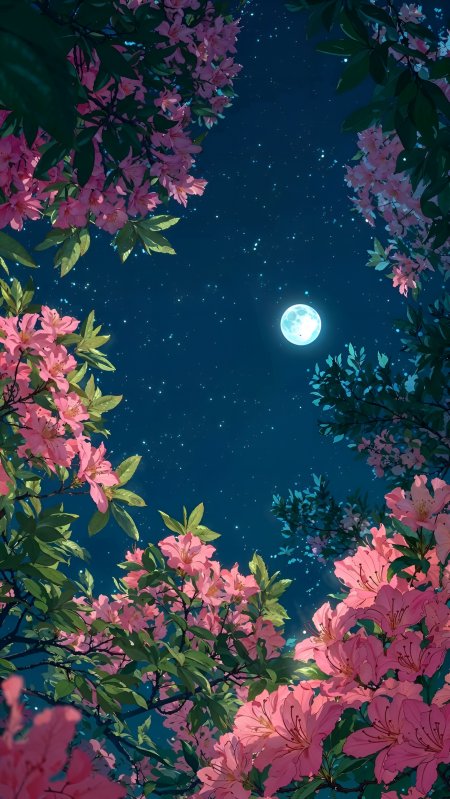 粉花围框满月星空深蓝夜幕静谧花园唯美插画手机壁纸