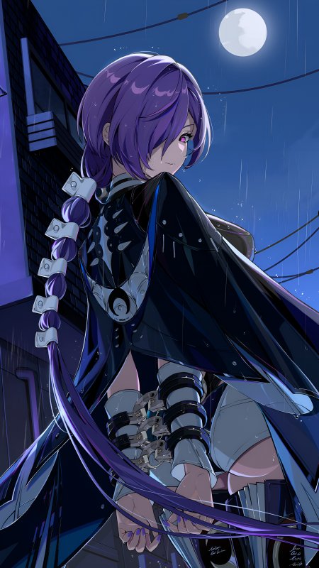 绝区零普罗米娅紫发披风雨夜街角回眸冷峻科幻少女手机壁纸