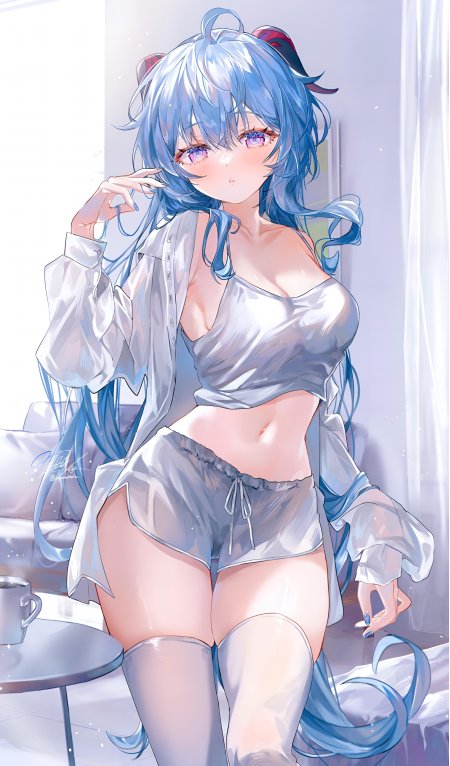 原神甘雨室内白衬衫短裤慵懒坐姿居家少女动漫手机壁纸