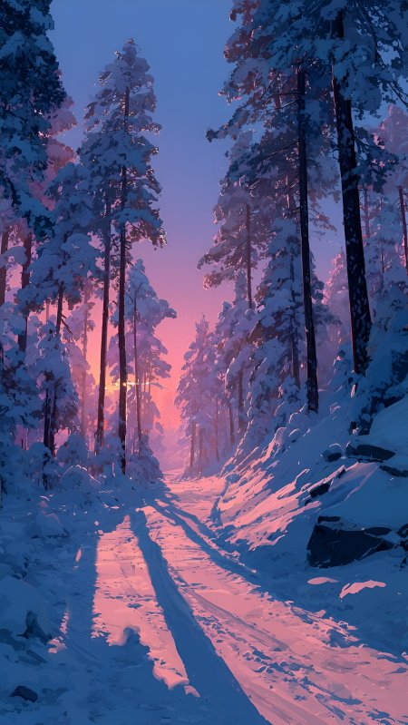 雪松林小径夕阳染粉蓝调冬日森林唯美插画手机壁纸