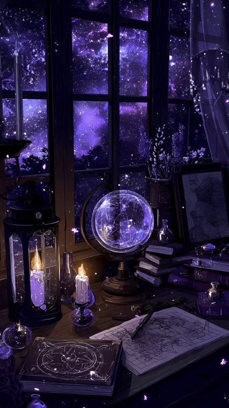 星空窗台魔法书水晶球神秘书房氛围感插画手机壁纸