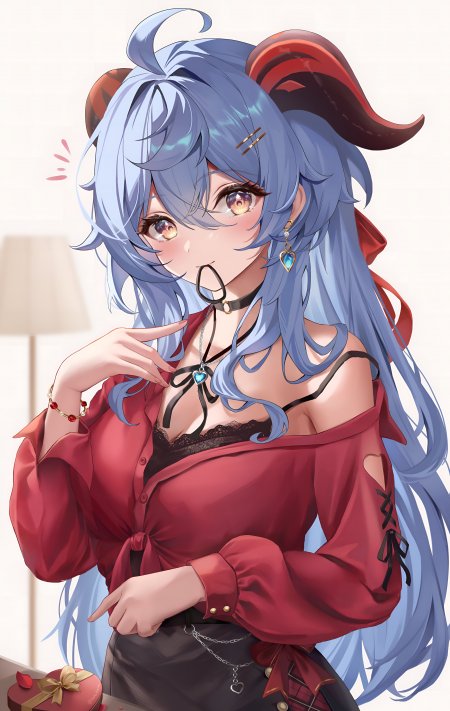 原神甘雨红衬衫黑蕾丝领结俏皮手势甜美少女动漫手机壁纸