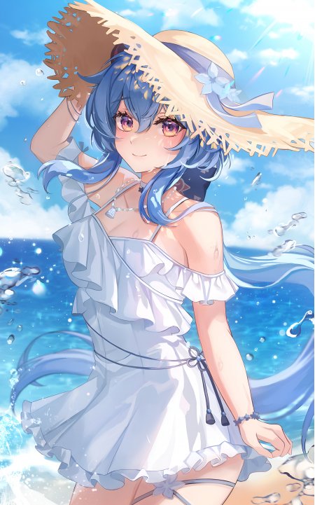 原神甘雨海边白裙戴草帽浪花飞溅清新少女动漫手机壁纸
