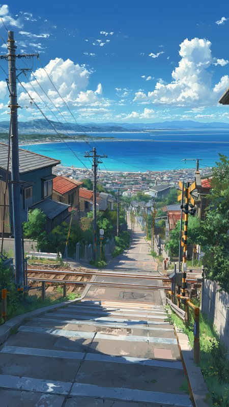 海边小镇铁轨延伸蓝天白云日系清新动漫风景插画手机壁纸