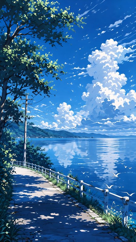动漫风海边步道蓝天白云海鸥飞翔绿树成荫插画手机壁纸