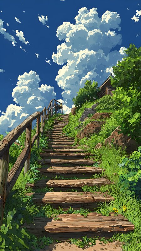 木阶通向山顶小屋绿树白云夏日山径治愈系插画手机壁纸