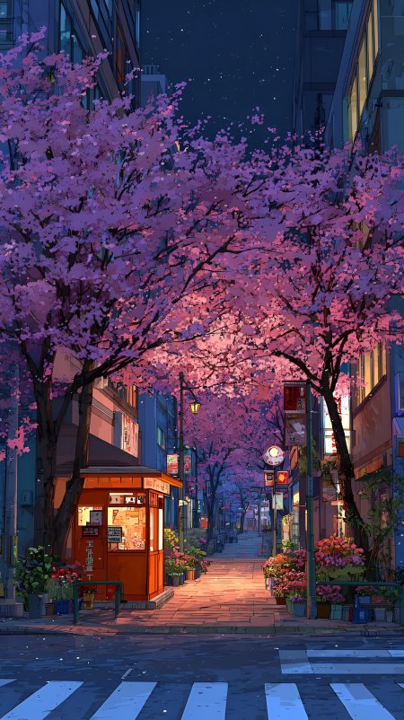 樱花夜街巷暖灯花树拱门日式小摊浪漫氛围插画手机壁纸