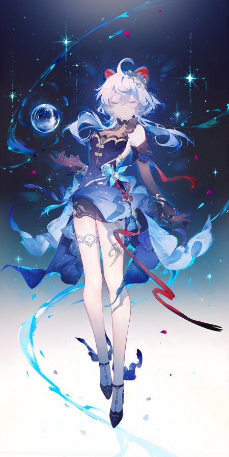 原神甘雨蓝发星空背景水元素环绕飘逸姿态动漫少女手机壁纸