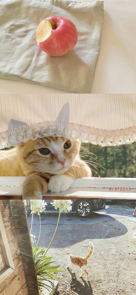 橘猫窗台探头与苹果庭院生活摄影手机壁纸