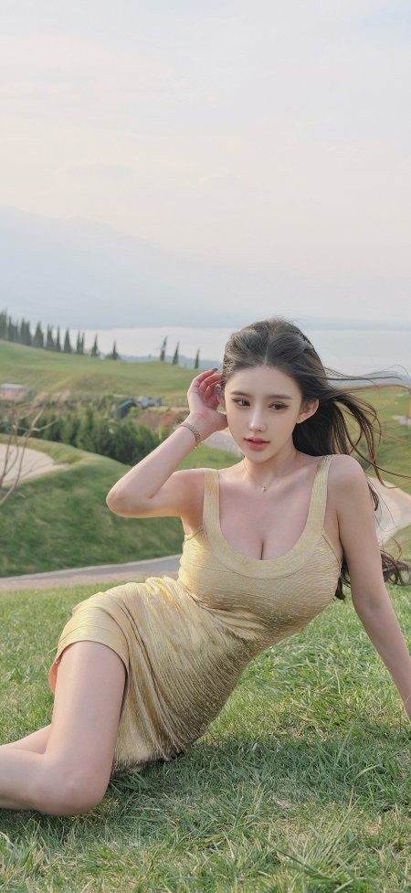金色吊带裙美女草地侧卧优雅风人像摄影手机壁纸