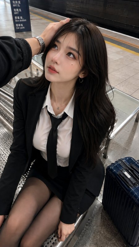 黑色西装领带美女地铁站台人像摄影手机壁纸