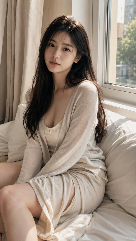 米色开衫美女卧室窗边慵懒人像摄影手机壁纸