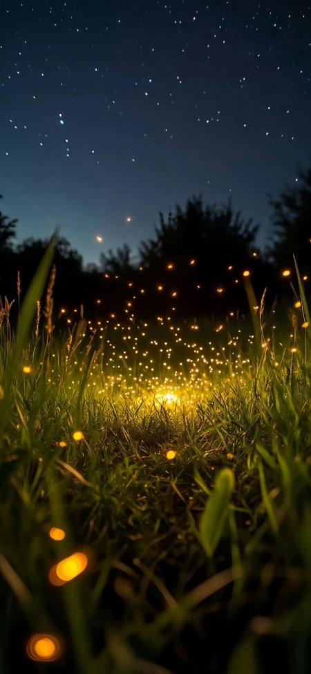 夏夜草丛萤火虫飞舞梦幻自然手机壁纸