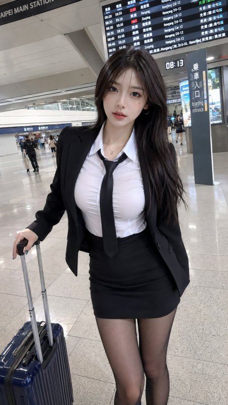 黑衣短裙美女机场拉行李箱街拍人像摄影手机壁纸